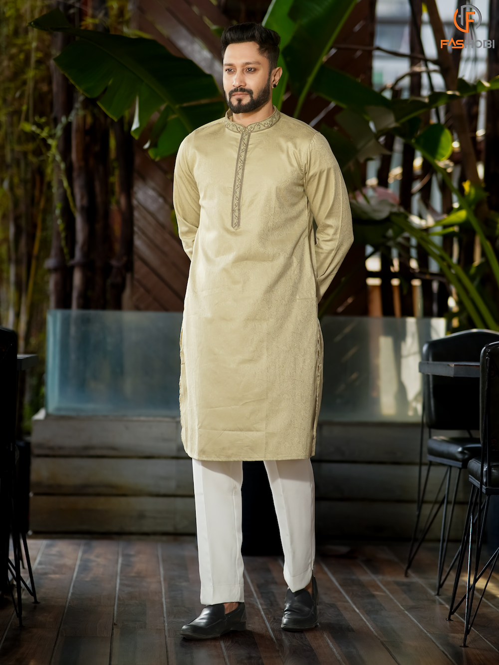 Premium Golden Silk Cotton Panjabi with Floral Embroidery