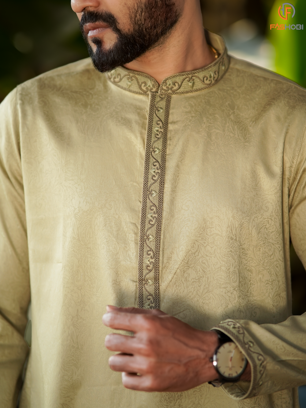 Premium Golden Silk Cotton Panjabi with Floral Embroidery