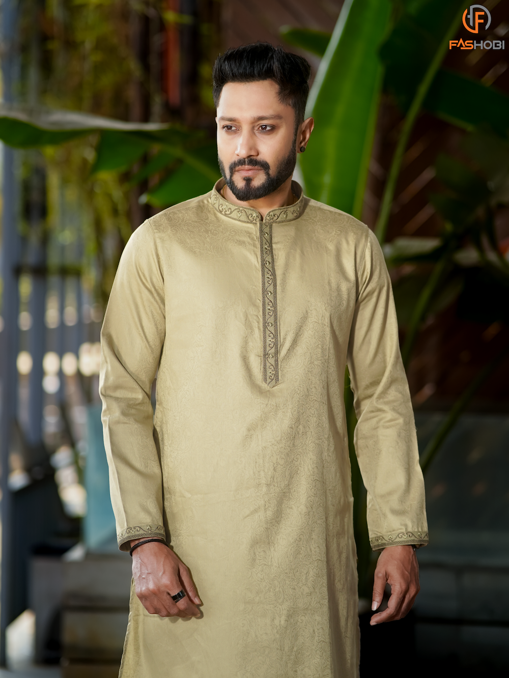 Premium Golden Silk Cotton Panjabi with Floral Embroidery