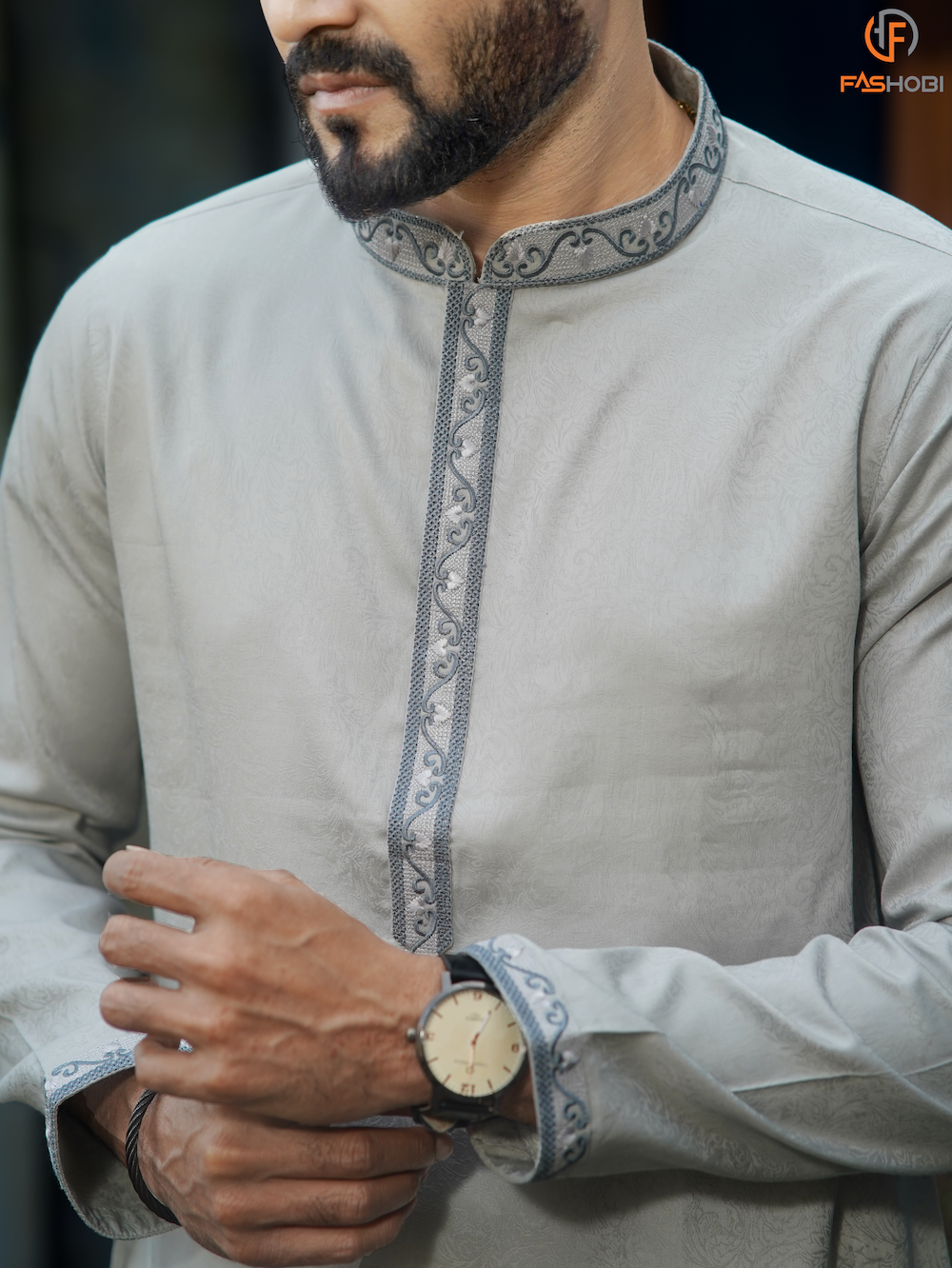 Luxurious Silver Grey Silk Cotton Panjabi