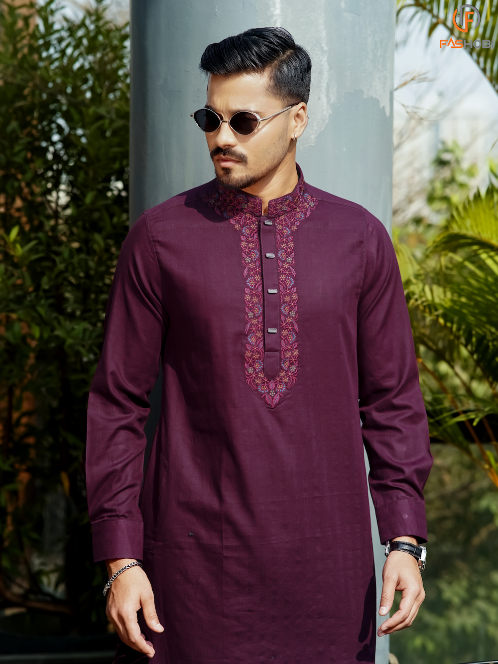 Solid Cotton Panjabi - Burgundy/Maroon